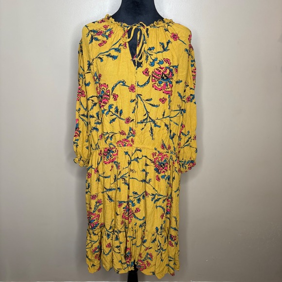 Knox Rose Women's 1X Yellow Floral Print Long Sleeve Midi Dress Boho Fall - Picture 1 of 7